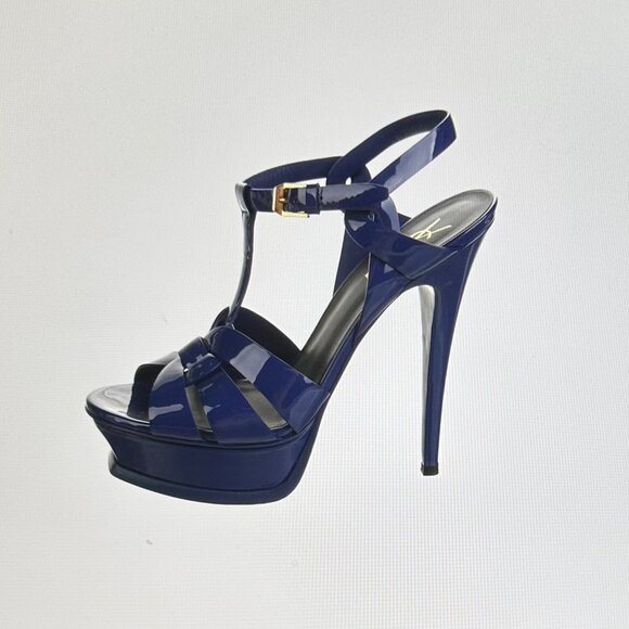 Saint Laurent YSL Tribute Blue Patent Leather Sandals, 38 - Picture 1 of 7